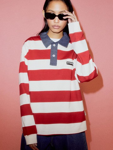 Stripe Rugby Cotton Polo [Light Burgundy]