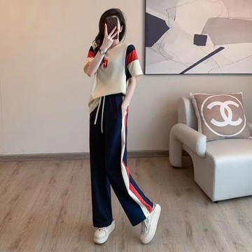 歐洲站鹽系撞色休閑運動套裝女個性時尚2023夏季流行爆款兩件套潮