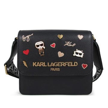 KARL LAGERFELD 卡爾荔枝紋皮革翻蓋後拉鍊袋斜背包(黑色)