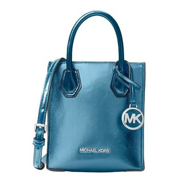 【Michael Kors】亮面皮革琴譜手提斜背二用包(小)-金屬藍