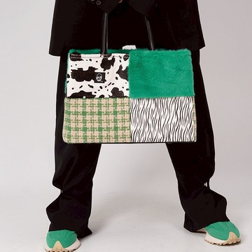 rebirth野生設定原創Y2K辣妹真馬毛撞色拼接大容量單肩斜跨托特包