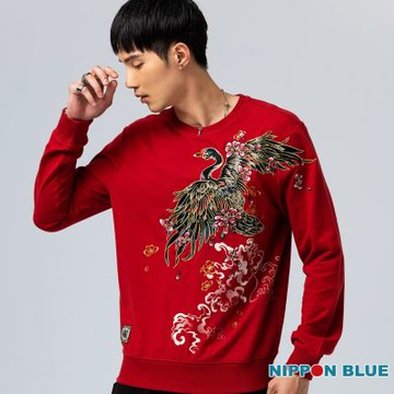 日本藍 BLUE WAY – 金標日本藍黑天鵝繡花長TEE(紅)