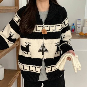 正韓毛衣夾克 聖誕提花毛衣外套SAT1030-創翊韓都