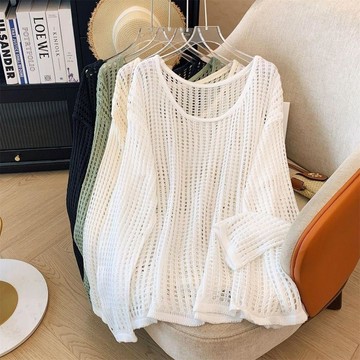 爆款優惠錯過無⏳ 鏤空設計感針織衫 女寬鬆遮肉防曬罩衫 圓領長袖上衣 夏季新款 慵懶風格