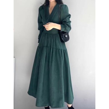 韓國chic秋季復古優雅交叉V領壓褶設計拼接收腰顯瘦長袖連衣裙女