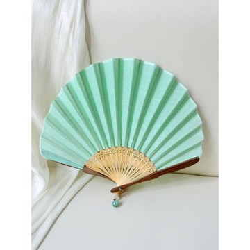 古風扇子折扇小扇子純色薄荷綠色素面折扇古樸復古風扇子貝殼扇竹