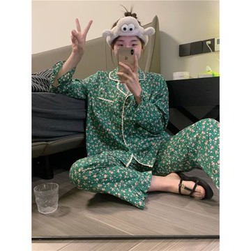 韓國小姐姐同款春季純棉小碎花蕾絲花邊長袖長褲睡衣女寬松家居服