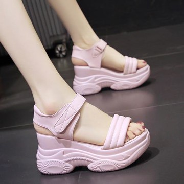 2025夏季新款9cm內增高涼鞋女厚底魔術貼涼鞋女顯瘦坡跟松糕涼鞋