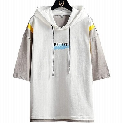 メンズ パーカー 七分袖 半袖 ヒップホップ カジュアル ステッチング フード付き トップス Tシャツ 春 夏 秋 Whi 通販 Lineポイント最大get Lineショッピング