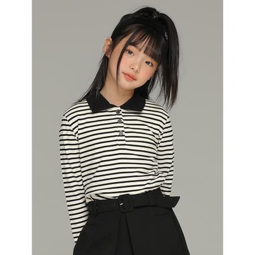 小女森女童春秋黑白條紋撞色Polo領針織衫兒童百搭打底衫長袖上衣