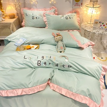 公主風四件套雙面冰絲被套水洗真絲床笠女孩夏天裸睡床上用品