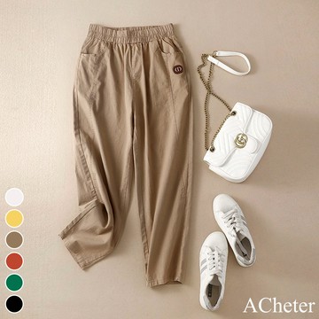 【ACheter】棉麻休閒褲闊腿寬鬆百搭鬆緊高腰直筒九分蘿蔔哈倫長褲 # 116639(現貨+預購)