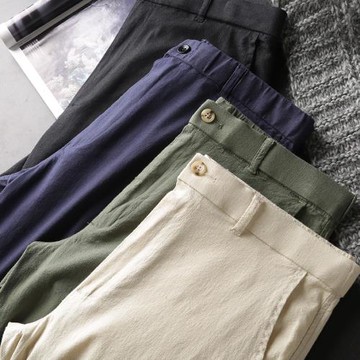水洗棉麻 休閑百搭純色基礎款男士夏季松緊短褲百慕大中褲麻褲潮