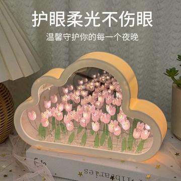 【台灣出貨】花海氛圍燈 鏡子 夜燈 桌面擺件 雲朵鏡子雲朵小夜燈 鏡面小夜燈 鬱金香DIY鏡子 鏡子燈 創意禮品 禮物