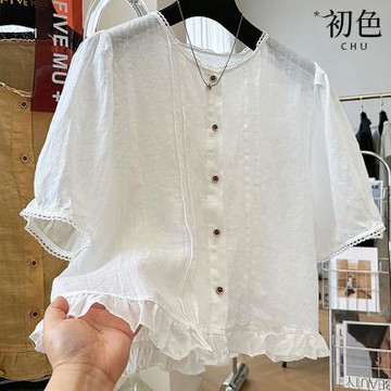 初色 棉麻風木耳邊純色圓領薄款單排釦短袖襯衫上衣女上衣-共3色-13674(M-2XL可選)
