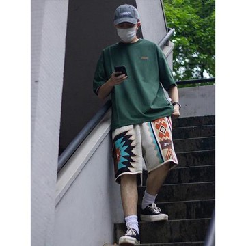 美式復古納瓦霍針織刺繡短褲民族風寬松海邊沙灘五分褲男女情侶夏