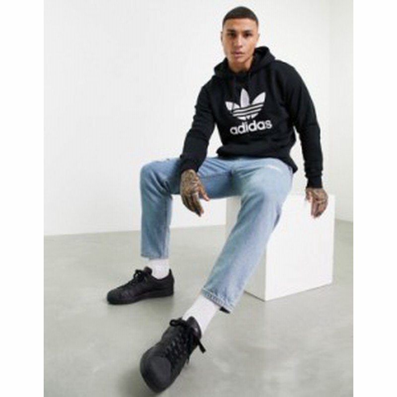 アディダス メンズ パーカー スウェット アウター Adidas Originals Adicolor Large Trefoil Hoodie In Black White 通販 Lineポイント最大5 0 Get Lineショッピング