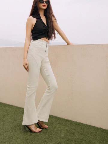 視覺細-5KG．彈力腰鬆緊斜紋喇叭魔法顯瘦褲