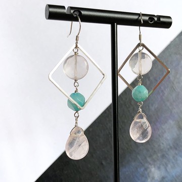 時尚几何冰透體粉水晶亞馬遜石耳環
