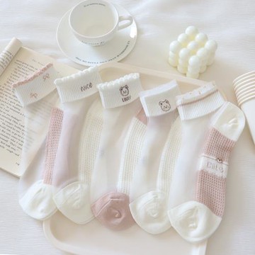 玻璃絲水晶襪子女短襪夏季薄款卡通棉底小熊冰絲白色短筒襪卡絲襪