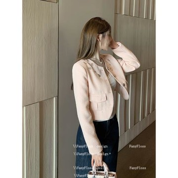 FanyFloss重工星星鑲鉆羊毛呢編織短外套名媛單排扣釘珠洋氣開衫