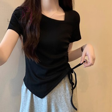 大碼女裝遮肚子不規則抽繩短袖T恤女夏季胖妹妹顯瘦短款上衣240斤韓版寬鬆顯瘦短袖潮流百搭T恤夏日上衣大尺碼女裝