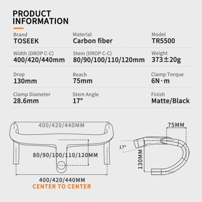 ロードバイク用カーボン一体型ハンドルバー28.6 * 400/420 / 440mm