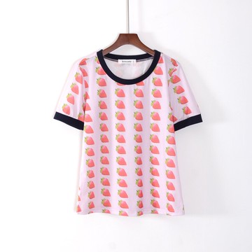 女裝短袖修身圓領草莓印花經典通勤文藝T恤衫顯瘦
