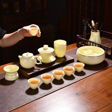 蓋碗茶具套裝家用輕奢功夫蓋碗高檔禮盒裝羊脂玉黃寶石辦公室套裝