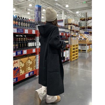 雙面羊絨大衣女2025冬季新款韓系中長款小個子學院風連帽毛呢外套