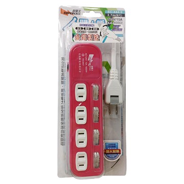 SUPERCELL 超電王 4開4插家用延長線 獨立迴路附燈開關  2.7m  紅色  1條