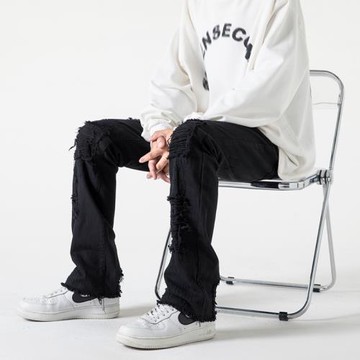 春秋牛仔褲男設計感毛邊破洞微喇褲歐美潮牌修身長褲美式高街褲子