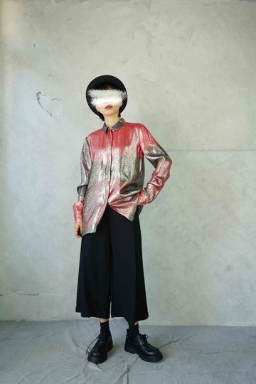 尋寶古著-DHELA霓虹色金屬光澤金蔥古著襯衫