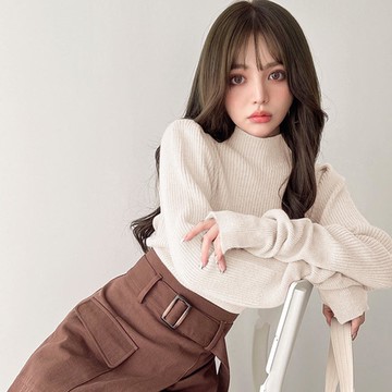 日本 GRL - 小立領羅紋彈性針織上衣-米杏