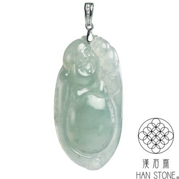 【漢石齋】天然翡翠A貨 彌勒佛玉佩吊墜 冰種飄花(22*44*6mm)