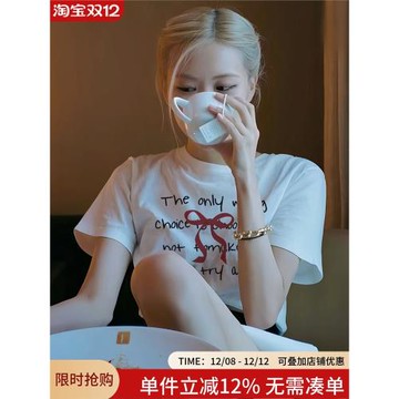 rose樸彩英同款美式正肩字母短袖t恤女夏韓系設計感蝴蝶結上衣服