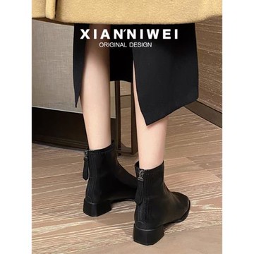 粗跟黑色短筒靴子女秋冬法式靴子女瘦瘦靴2025年彈力裸靴女馬丁靴