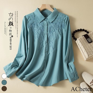 【ACheter】春秋新款棉麻刺繡長袖寬鬆襯衫上衣# 113533(現貨+預購)