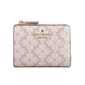 KATE SPADE 黑桃印花滿版L型拉鍊對釦短夾(米色/灰褐色)