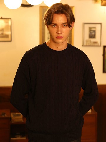 Cable Crewneck Sweater [Navy]