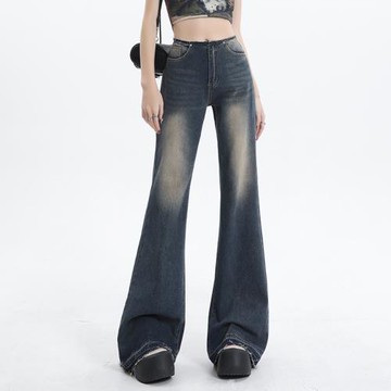 古著藍水洗做舊微喇叭牛仔褲女復古做舊毛邊直筒闊腿拖地馬蹄褲子