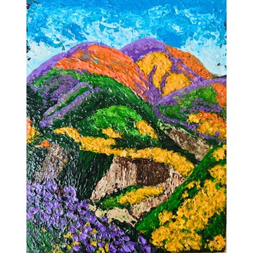 紫色花朵點綴的活力山巒  原創表現主義藝術作品  作者  RinaArtS