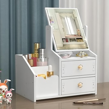 抽屜式化妝鏡化妝品文具桌面收納架  白色  1組