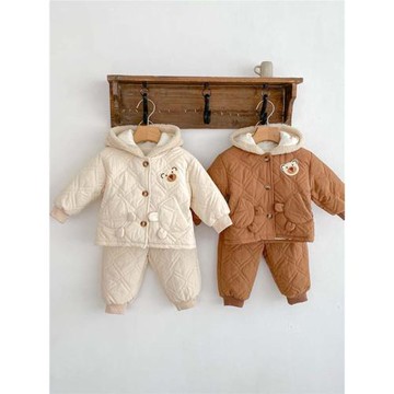 2024冬季嬰兒加絨加厚套裝寶寶冬裝衣服外出棉襖保暖服連帽兩件套