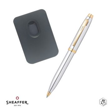 【SHEAFFER】100系列亮鉻金原子筆+手機磁性卡夾禮盒 免費刻字(原廠正貨)