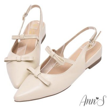 Ann’S訂製加寬楦-小羊皮真皮蝴蝶結 小坡跟楔型拉帶尖頭鞋4cm-白