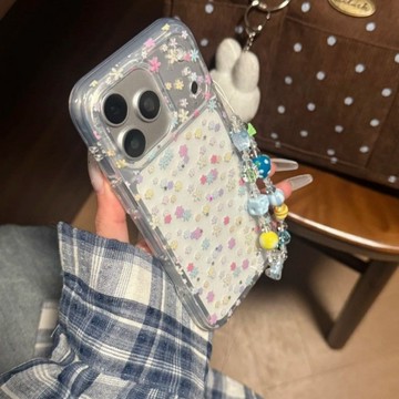 韓系彩色花朵透明閃粉適用iphone17promax蘋果16pro新款15鏈條手機殼