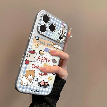 格紋貓咪圖案適用蘋果17手機殼小羊皮蘋果16保護套15新14外殼13