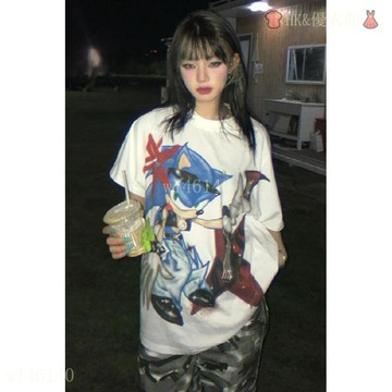 【美式復古】白色短袖女 夏季 卡通印花 半袖 t恤 oversize 情侶上衣 潮 大學T 上衣女 短袖T恤 短袖 短袖