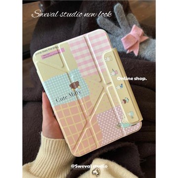 甜味山谷 米菲格紋拼接可愛韓國膚感皮革平板保護殼防彎亞克力背板適用于ipad蘋果pro2022air456mini67星光色